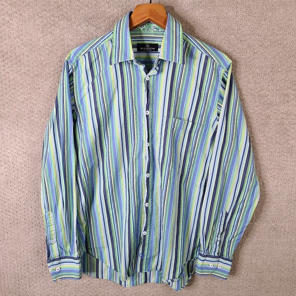 Bugatchi Uomo Shirt Mens Medium Green Blue Striped Button Up Cotton Pasiley Cuff - Picture 1 of 12